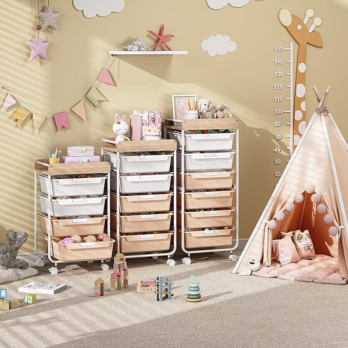 Rolling Storage Utility Cart With 4 Drawers,Kids Craft Art Cart,Makeup Organizer And Storage with Wooden Tabletop,Pearl