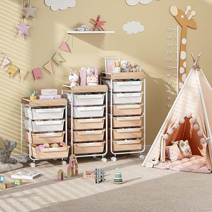 Rolling Storage Utility Cart With 4 Drawers,Kids Craft Art Cart,Makeup Organizer And Storage with Wooden Tabletop,Pearl