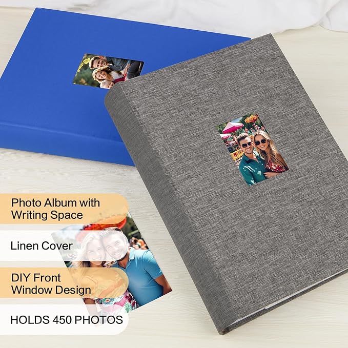 XFveiwoo Photo Album 4x6 450 Photos with Writing Space,4 x 6 Photo Book Linen Cover with Front Window, 4x6 Picture Album 450 Photos Photo Album Book for Wedding Kids Travel Family Baby Pictures, Grey