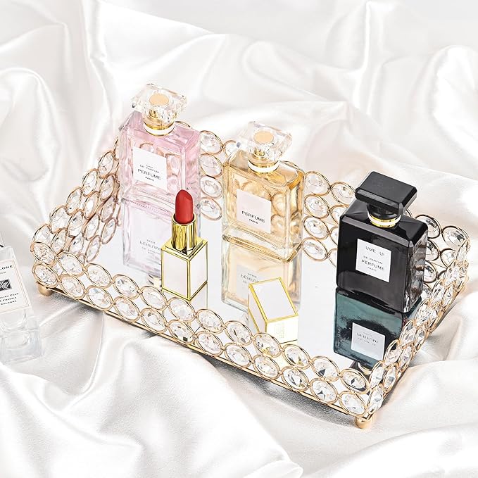 Elegant Gold Crystal Mirror Perfume Tray for Vanity, Coffee Table, and Home Decor - Small Glass Tray for Jewelry, Perfume, and Decorative Items - Bandeja para Perfumes, Perfume Trays for Dresser