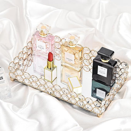 Elegant Gold Crystal Mirror Perfume Tray for Vanity, Coffee Table, and Home Decor - Small Glass Tray for Jewelry, Perfume, and Decorative Items - Bandeja para Perfumes, Perfume Trays for Dresser