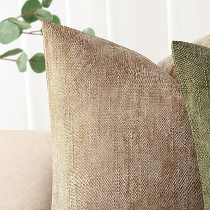 Foindtower Pack of 2 Textured Chenille Throw Decorative Pillow Covers Square Accent Solid Cushion Cover Neutral Farmhouse Pillow Case for Couch Sofa Bedroom Living Room 22x22 Inch,Taupe Khaki Camel