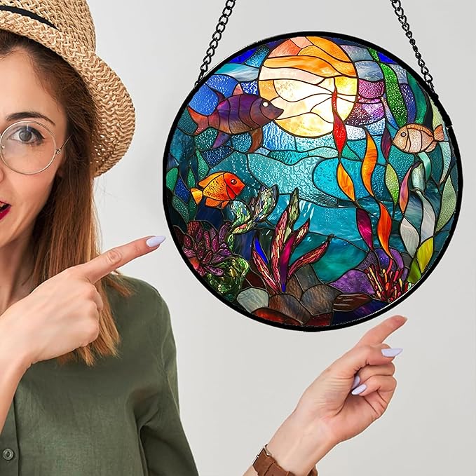 Stained Glass Window Hanging - Blue Ocean World Small Fish Coral Sun Catcher for Door Garden Home Decor Sea Suncatcher Christmas Mother's Day Birthday Gifts for Women Men Mom Nana 9.8 in