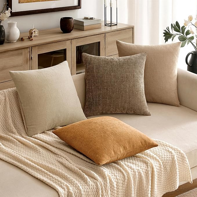 MIULEE Pack of 2 Decorative Throw Pillow Covers Soft Chenille Throw Pillows Solid Textured Cushion Covers Home Decor for Couch Sofa Bedroom Living Room 18x18 Inch,Golden Brown