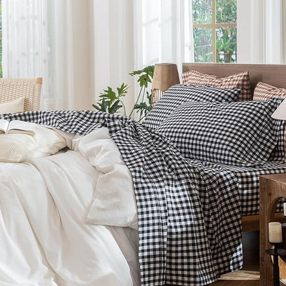 MooMee Gingham Sheet Set 100% Washed Cotton Linen Like Textured Breathable Soft w/Fully Elasticized 16-19" Deep Pocket (Classic Gingham Black White, Queen)