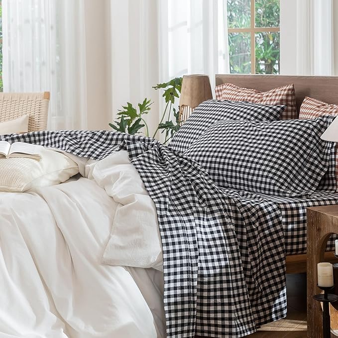 MooMee Gingham Sheet Set 100% Washed Cotton Linen Like Textured Breathable Soft w/ Fully Elasticized 16-19" Deep Pocket (Classic Gingham Black White, King)