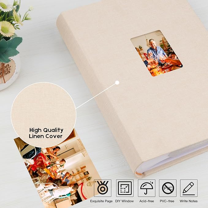 XFveiwoo Photo Album 4x6 450 Photos with Writing Space,4 x 6 Photo Book Linen Cover with Front Window, 4x6 Picture Album 450 Photos Photo Album Book for Wedding Kids Travel Family Baby Pictures, Beige