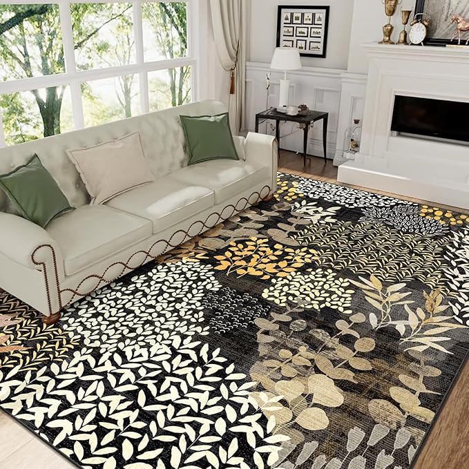 DEXDE 8x10 Area Rug, Soft Washable Abstract Area Rugs Non-Slip Vintage Boho Rug Leaves Floral Print Carpet for Living Room Bedroom Office Dining Room Playroom, Black