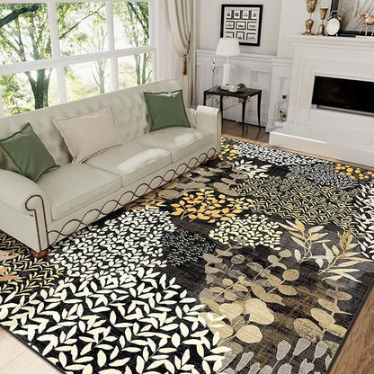 DEXDE 8x10 Area Rug, Soft Washable Abstract Area Rugs Non-Slip Vintage Boho Rug Leaves Floral Print Carpet for Living Room Bedroom Office Dining Room Playroom, Black