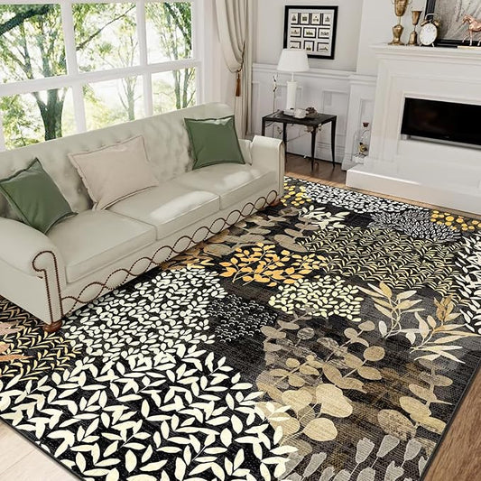 DEXDE 8x10 Area Rug, Soft Washable Abstract Area Rugs Non-Slip Vintage Boho Rug Leaves Floral Print Carpet for Living Room Bedroom Office Dining Room Playroom, Black