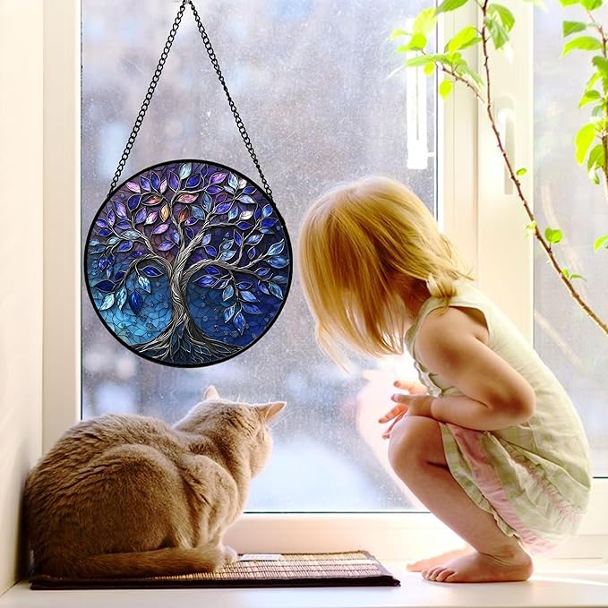 DASTOLL Stained Glass Window Hanging, Blue Purple Tree of Life Sun Catchers Colorful Glass Panel Plants Suncatcher Decor for Birthday for Women,Men,Wife, Lovers, and Mom 7.8 in