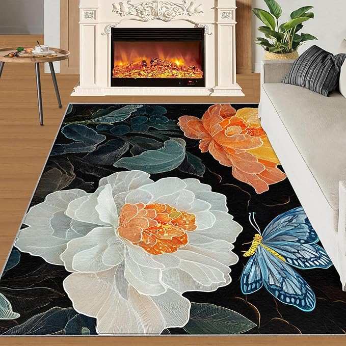 Flowers 2x3 Area Rugs for Living Room Classic Petals Washable Rug Orange-Yellow Flowers Rug Non Slip Low Pile Soft Area Rugs for Bedroom Bedside Dining Room Kids