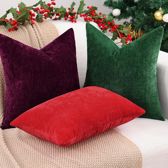 decorUhome Chenille Christmas Green Throw Pillow Covers 12x20 Inch Set of 2, Decorative Soft Couch Pillow Covers Solid Dyed Accent Farmhouse Neutral Rectangle Pillow Cases for Sofa