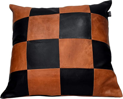 LL LEATHER LOVERS Lambskin Leather Pillow Cover - Sofa Cushion Case - Decorative Throw Covers for Living Room & Bedroom, 22x22 Inches - Check Camel & Black Pack of 1