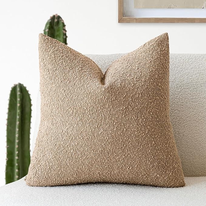 Foindtower Textured Boucle Throw Pillow Covers Accent Solid Pillow Cases Cozy Soft Decorative Couch Cushion Case for Chair Sofa Bedroom Living Room Home Decor, 18 x 18 Inch,Taupe Khaki Camel