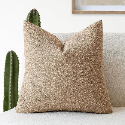 Foindtower Textured Boucle Throw Pillow Covers Accent Solid Pillow Cases Cozy Soft Decorative Couch Cushion Case for Chair Sofa Bedroom Living Room Home Decor, 18 x 18 Inch,Taupe Khaki Camel