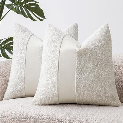 20"x20" White Boucle Throw Pillow Covers with Faux Leather Accents Set of 2 Fluffy Textured Decorative Pillow Cases for Couch Bed Boho Farmhouse Square Cushion Covers for Nordic Home Décor