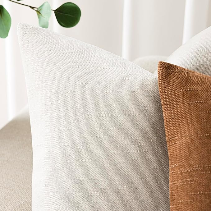 Foindtower Pack of 2 Textured Chenille Throw Decorative Pillow Covers Square Accent Solid Cushion Cover Cozy Neutral Farmhouse Pillow Case for Couch Sofa Bedroom Living Room 16x16 Inch, Ivory White