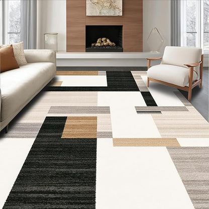 Flatwoven High Traffic Area Rug 6x9, Dark Beige Geometry and Dirt Trapper Design, Non Slip, Stain Resistant, Washable Area Rugs for Living Room, Bedroom (Beige, 6x9)