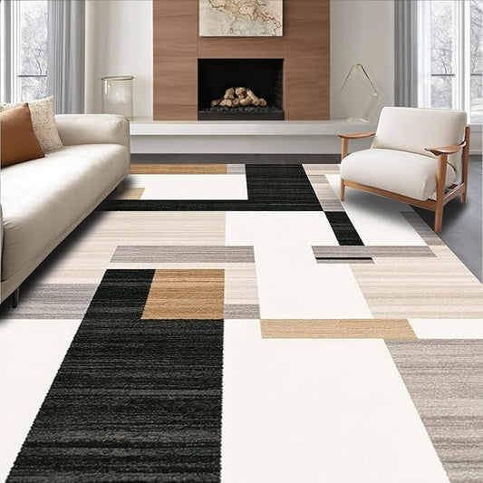 Flatwoven High Traffic Area Rug 4x6, Dark Beige Geometry and Dirt Trapper Design, Non Slip, Stain Resistant, Washable Area Rugs for Living Room, Bedroom (Beige, 4x6)