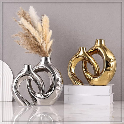 Gold Home Decor Ceramic Vase, Round Vase with Holes Set of 2, Suitable for Wedding Entrance Decoration, Bookshelf, Mantel, Unique Home Decor (Gold)