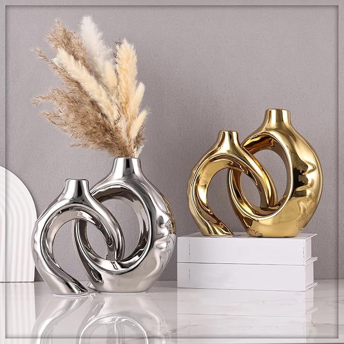 Silver Home Decor Ceramic Vase, Round Vase with Holes Set of 2, Suitable for Wedding Entrance Decoration, Bookshelf, Mantel, Unique Home Decor (Silver)
