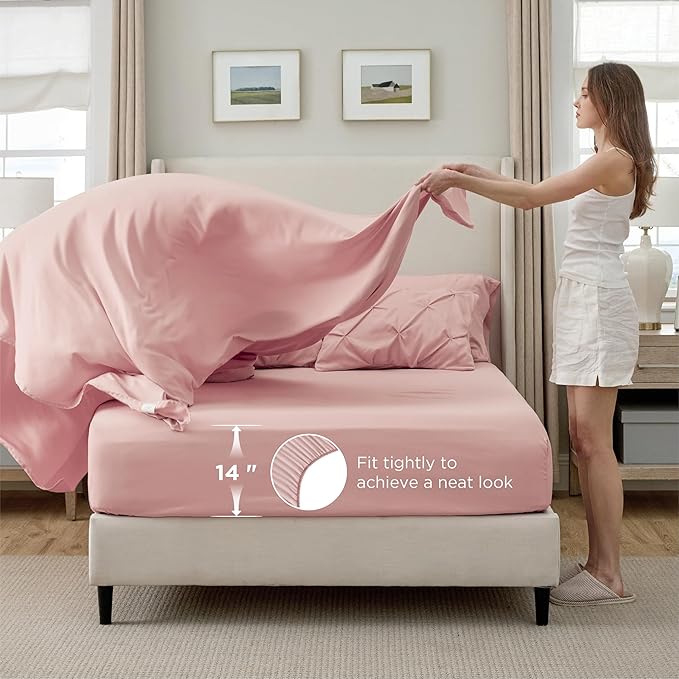 Bedsure King Size Comforter Set Pink - Bed in a Bag Bedding Set 7 Pieces, GentleSoft™ Pintuck Bed Set Gift for Family, Pinch Pleat Pink Comforter with Sheets, Pillowcases & Shams