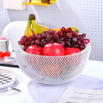 IBWell Metal Wire Woven Fruit Storage Bowl Basket for Kitchen, Large Black Mesh Fruit Stand, for Apple, Pineapple, Banana, Orange, Lemon, Pear, Strawberry, Watermelon (White, Normal & Large)