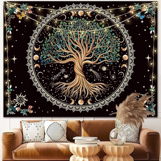 Moon Phase Tree of Life Tapestry Nature Flower Plant Butterfly Tapestries Boho Mandala Spiritual Tapestry Aesthetic Wall Hanging for Home Decor Bedroom Living Room Dorm Decor (59.06" x 78.74", Blue)