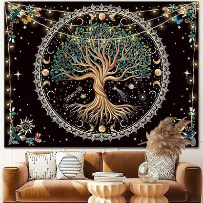 Moon Phase Tree of Life Tapestry Nature Flower Plant Butterfly Tapestries Boho Mandala Spiritual Tapestry Aesthetic Wall Hanging for Home Decor Bedroom Living Room Dorm Decor (59.06" x 78.74", Blue)