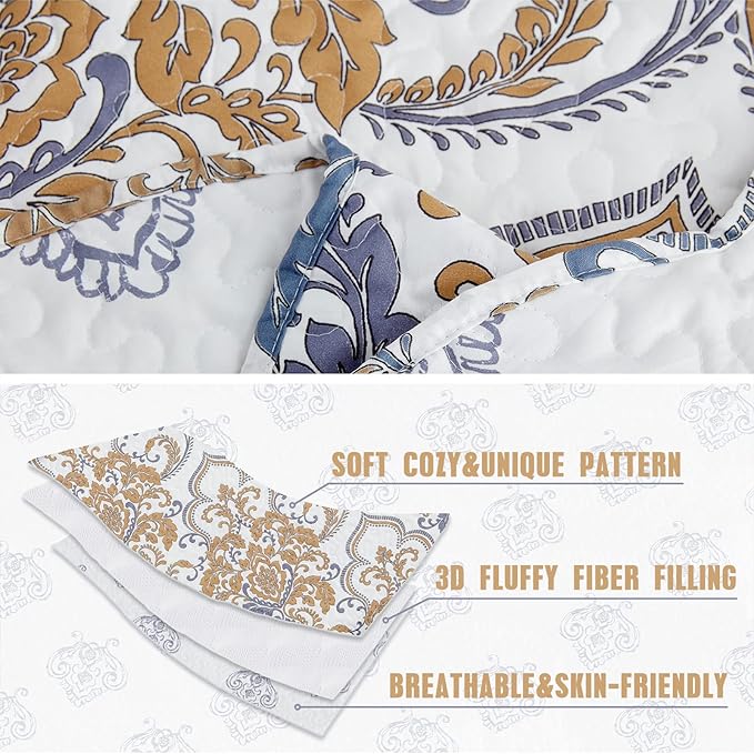 CHIXIN Oversized King Bedspread 128x120 Extra Wide - European Damask Paisley Pattern - Classic & Gorgeous Bedding Cover, Lightweight, Ultra Soft, 5 Piece, 100% Microfiber, White/Khaki/Grey
