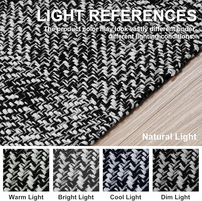 Collive Washable Area Rug 3' x 5', Modern Woven Kitchen Rugs, Black/Cream Braided Cotton Rug Indoor Door Mat Throw Carpet for Entryway Living Room Nursery Mudroom Laundry Room