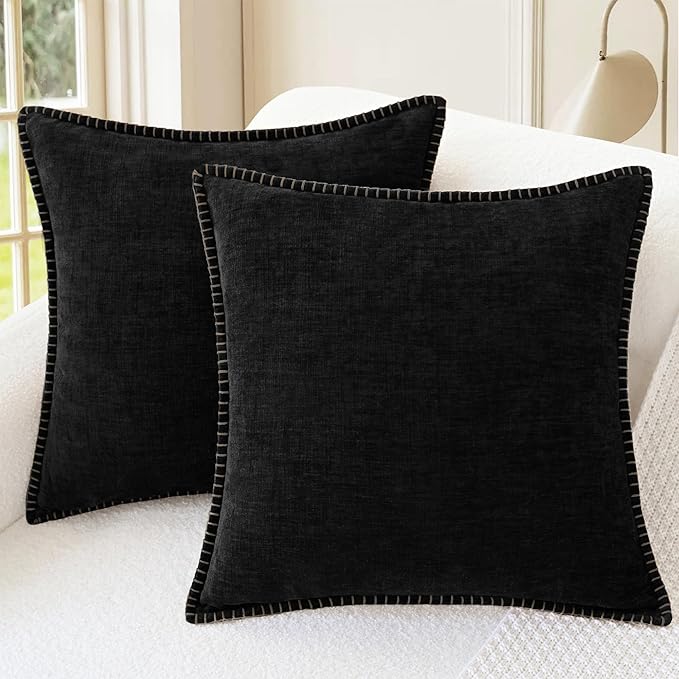 CaliTime Throw Pillow Covers Decorative 18 X 18 Inches Pack of 2 Cotton Thread Stitching Edges Solid Dyed Soft Chenille Cushion Cases for Couch Sofa Bed Living Room Farmhouse Black