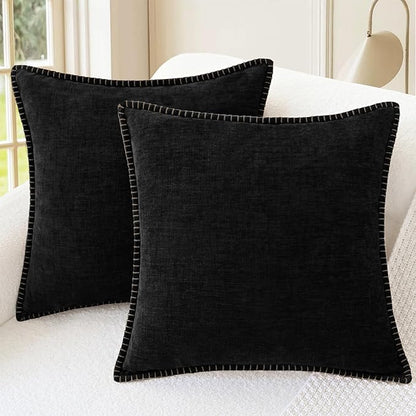 CaliTime Throw Pillow Covers Decorative 22 X 22 Inches Pack of 2 Cotton Thread Stitching Edges Solid Dyed Soft Chenille Cushion Cases for Couch Sofa Bed Living Room Farmhouse Black