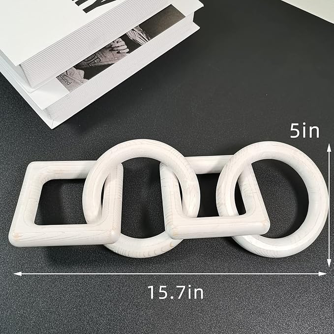 Wooden Chain Link Decorative 4 Link Decorative Pine Hand Carved Decorative Chain Modern Home Boho Creative Distressed Decor Vintage (White)