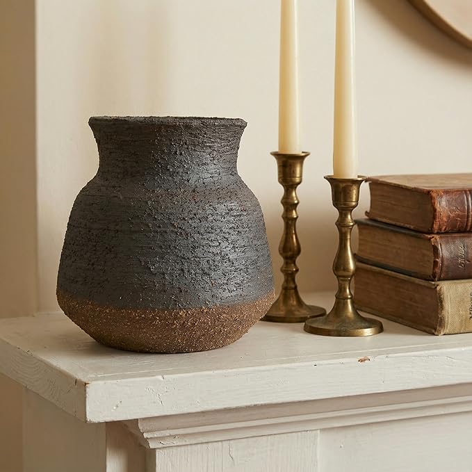 6IN Rustic Farmhouse Ceramic Vase Home Decor, Handmade Vintage Stoneware Clay Pottery Terracotta Textured for Modern Farmhouse, Living Room, Office Desk Table Shelf (Brown and Black)