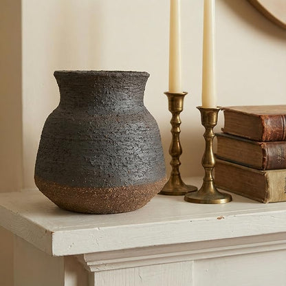6IN Rustic Farmhouse Ceramic Vase Home Decor, Handmade Vintage Stoneware Clay Pottery Terracotta Textured for Modern Farmhouse, Living Room, Office Desk Table Shelf (Brown and Black)