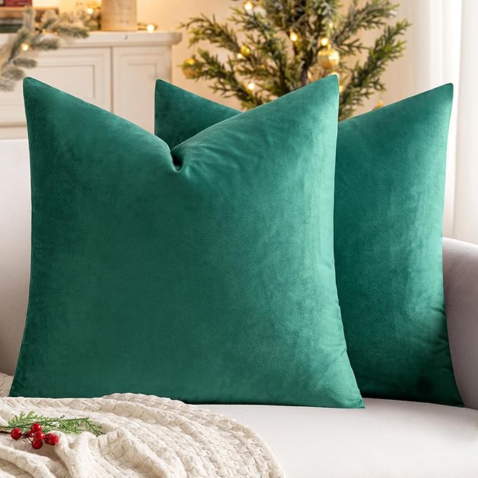 MIULEE Velvet Throw Pillow Covers 20x20 Inch, Pack of 2 - Green, Soft Solid Decorative Pillow Covers Cushion Cases Modern Luxury Home Decor for Couch Sofa Bedroom Livingroom