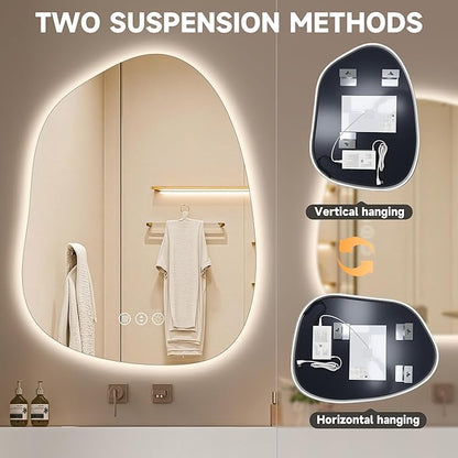 Hasipu Irregular Wall Mirror with Lights- 25"x19"Smart Vanity Mirror with Anti-Fog, 3 Color Modes,Dimmable Light, Memory Function, Backlit Wall Mount, Horizontal/Vertical