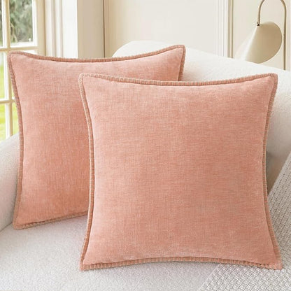 CaliTime Throw Pillow Covers Decorative 24 X 24 Inches Pack of 2 Cotton Thread Stitching Edges Solid Dyed Soft Chenille Cushion Cases for Couch Sofa Bed Living Room Farmhouse Dusty Pink