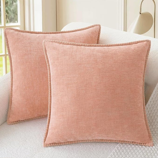 CaliTime Throw Pillow Covers Decorative 24 X 24 Inches Pack of 2 Cotton Thread Stitching Edges Solid Dyed Soft Chenille Cushion Cases for Couch Sofa Bed Living Room Farmhouse Dusty Pink
