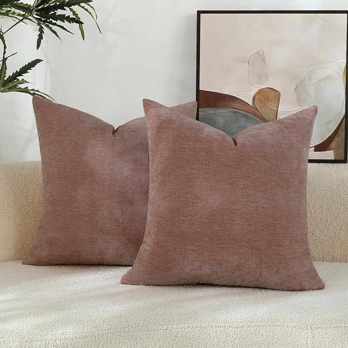 Blush Pink Chenille Decorative Couch Throw Pillow Covers, Soft Cushion Cases for Home Livingroom Sofa Décor, Pack of 2, 18 x 18 Inches