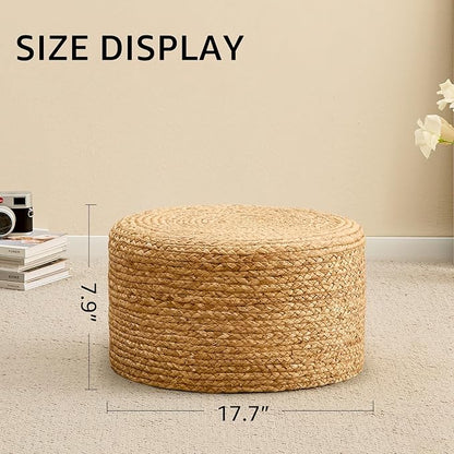 Wimarsbon Round Pouf Ottoman, Natural Hand Knitted Footrest Poof, Rustic Lounge Pouffe, Boho Pous Foot Stool, Accent Table or Seat (Natural Water Hyacinth, 17.7 * 17.7 * 9.84)