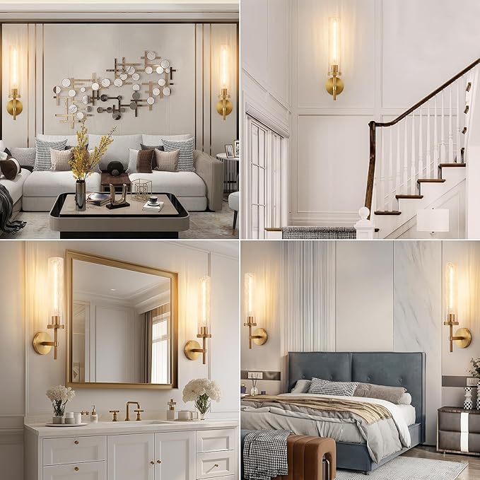 19.5" Knurled Brass Wall Sconce with Crackle Glass Tube, Gold Bathroom Vanity Light Fixtures, Modern Lamp Lighting for Bedroom, Living Room, Hallway, Staircase, Mirror, Kitchen