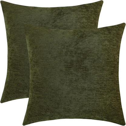 Sage Green Chenille Decorative Couch Throw Pillow Covers, Soft Cushion Cases for Home Livingroom Sofa Décor, Pack of 2, 18 x 18 Inches