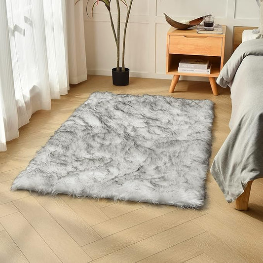 duduta White Black Faux Sheepskin Fur Rug 3x5 ft, Fluffy Shag Bedroom Dorm Nursery Playroom Carpet Rug Non Slip Washable