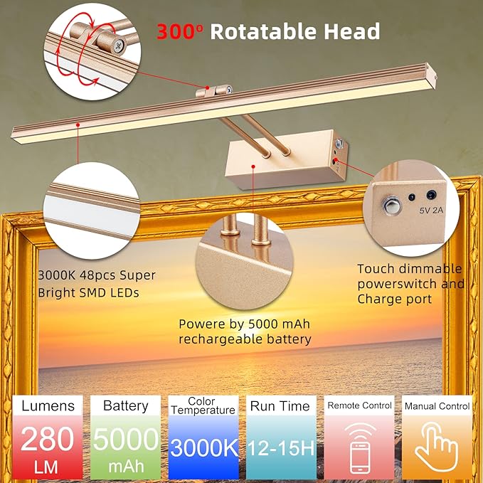 FUNCHDAY Picture Light,Battery Art Lights for Wall,Wireless Remote Painting Light with Timer and Dimmable,16”Metal Display Lighting for Artwork,Portrait,Gallery-Rosegold