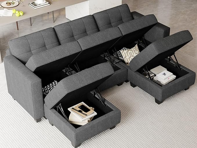 Belffin U-Shaped Sectional Sofa, Dark Grey, Wood and Polyester, 58"(D) x 90"(W) x 33"(H), Reversible Chaise, Storage, Easy Assembly