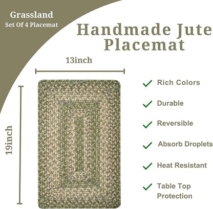 Homespice Grassland Jute Woven Placemats, Warm Country Rustic Decor, Set of 4, Green 13x19 Rectangle Table Mats - Vibrant Colors, Durable, Easy to Clean and Protects Furniture