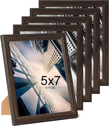 KTKDE 5x7 Picture Frame Set of 5, Wooden frames Walnut, Vertical & Horizontal Wall Hanging for Wall or Tapletop Display,Studio Gallery Photo Frame for Photos, Posters & Art Prints
